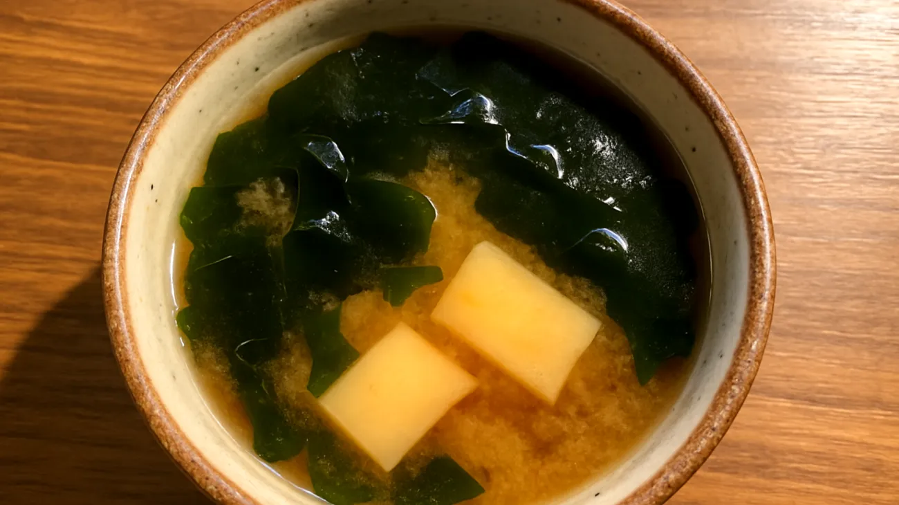 Miso-Suppe mit Wakame-Algen und fermentiertem Gemüse"