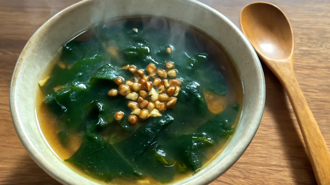 Miso-Suppe mit Wakame-Algen und geröstetem Buchweizen"