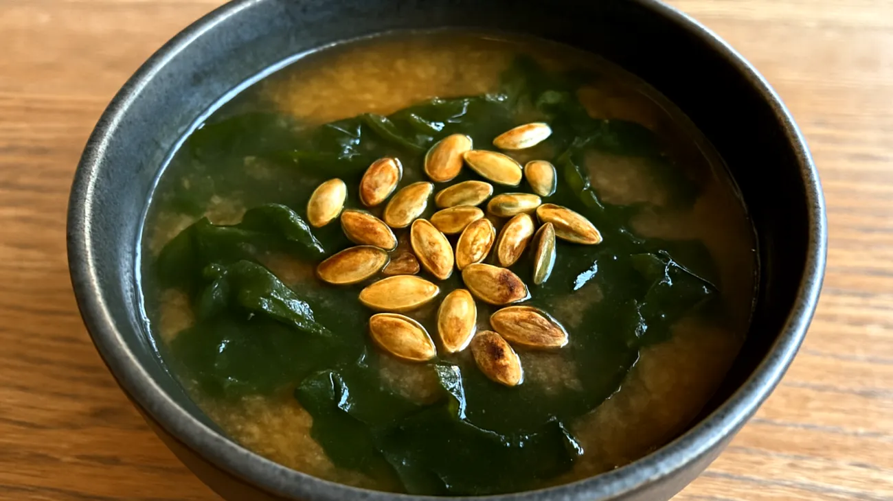 Miso-Suppe mit Wakame-Algen und gerösteten Kürbiskernen"